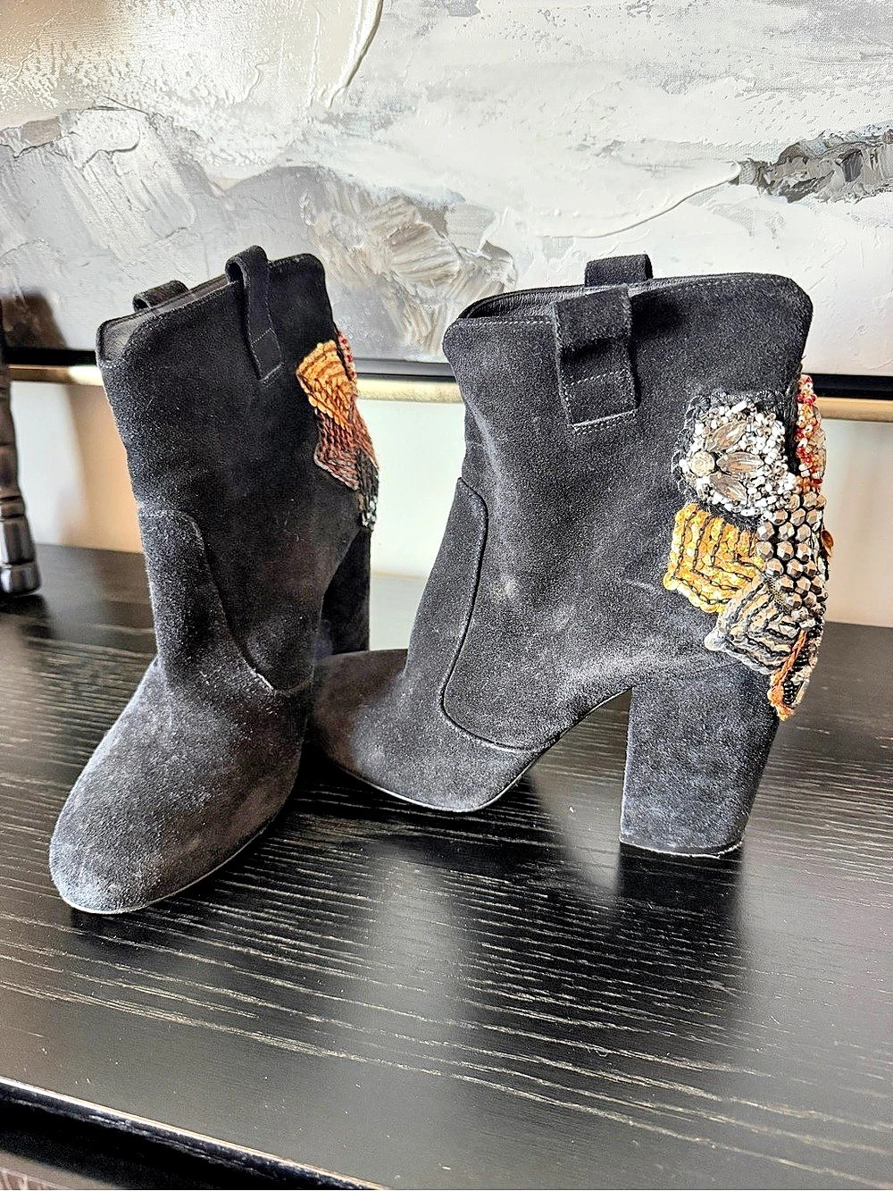 STRATEGIA Embellished Black Ankle Boots
